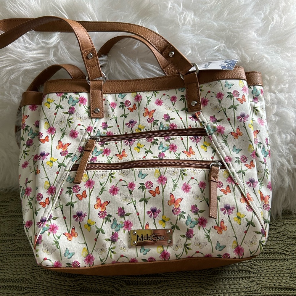 NWT MultiSac Cream Floral & Butterfly Tote with Brown Trim